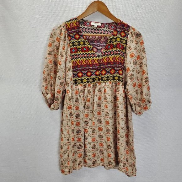 Umgee Tops - Umgee Top Womens M Colorful Bohemian 3/4 Puff Sleeve V-Neck Pullover Peasant